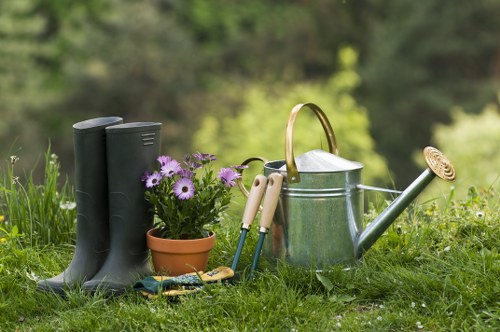 Team clearing green waste in a Waterloo garden, bags and bins neatly arranged
